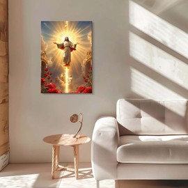 Framed Canvas Wall Art Ascension of Jesus Religious Wall Painting Wrapped Canvas Gallery Art Inspirational Christian Artwork for Home Decor Church or Office Sunday School Fine Art Image 16x24 Inch