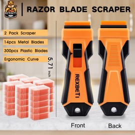 REXBETI Razor Blade Scraper Tool, 2 Pack Razor Scraper with Extra 314Pcs Razor Blades -14Pcs Metal and 300Pcs Plastic Blades, Cleaning Scraper Tool, Cooktop, Paint, Glass Scraper