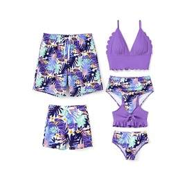 PATPAT Matching Family Swimsuits Couples Bathing Suit Father and Son Drawstring Swimtrunks Purple Tropical Plant Print Surfing Swimming Suits with Liner for Men L