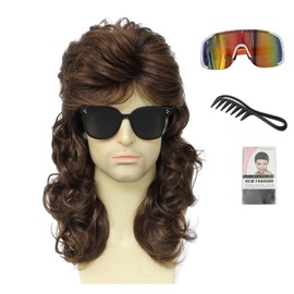 Cariniss 80s Style Mullet Costume Wig with Sunglasses, Long Wavy Synthetic Hair Business in Front, Party in Back style (Medium Brown)