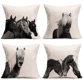 Qinqingo Set of 4 Wild Animal Horse Throw Pillow Cover Vintage Black White Horse Western Decorative Pillow Case Home Decor Square 18x18 Inch Cushion Cover for Bed Couch Sofa