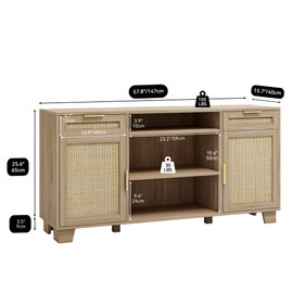 YITAHOME Rattan TV Stand for up to 65 Inch TVs, Boho Entertainment Center with Storage, TV Media Console with Drawers, Adjustable Shelves for Living Room (Natural Oak)