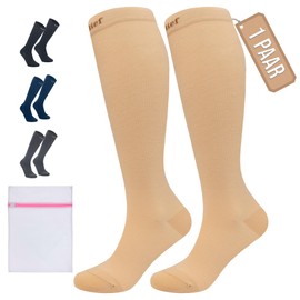 360 Relief Compression Socks for Men and Women - 1 Pair Compression Socks Plain for Sports, Running, Flight, Travel, Jogging, Cycling, Knee Socks, L/XL Beige with Laundry Net