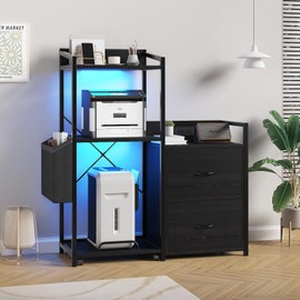 GarveeHome 38" File Cabinet with LED Lights & Charging Station, Large 3-Tier Printer Table with Storage Shelf & Drawers, Industrial Office Desk Organizer for Fax Machine, Shredder & PC Tower