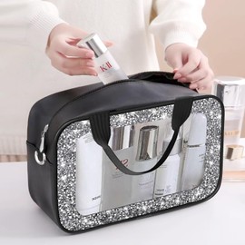 Meetart Clear Makeup Bag.Crushed Diamond Travel Toiletry Bag with Detachable Shoulder Strap.Transparent Cosmetic Bag for Travel, Bathroom Storage.(Black)