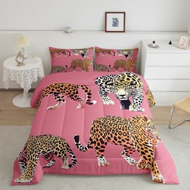 jejeloiu Leopard Comforter Set Full Size Girls Pink Cheetah Print Bedding Set for Women Teens Wild Animal Duvet Quilt Breathable Soft Lightweight Microfiber Chic Room Decor