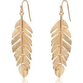 Humble Chic Floating Feathers Dangle Earrings - Long Hanging Metal Link Leaf Drops, Gold,