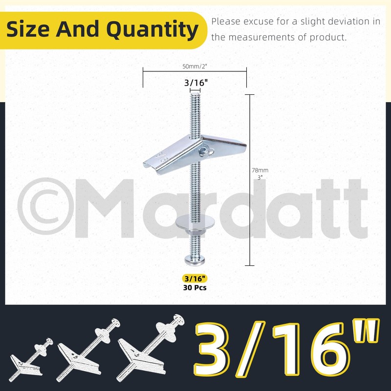 Mardatt 30 Sets 3/16" Toggle Bolts and Wing Nuts, Metal