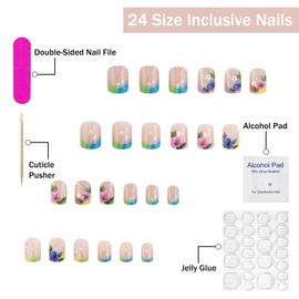 Flower Press on Nails Short Square MABKJLF French Tip Fake Nails False Nails with Floral Designs Colorful Full Cover Glossy Glue on Nails Spring Summer Stick on Nails for Women Girls 24 Pcs