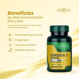 Omega 3 Gold de Alta Potencia, EPA 720 / DHA 480 de Herbalia Lab, Pureza y Calidad Superior | 90 Cápsulas