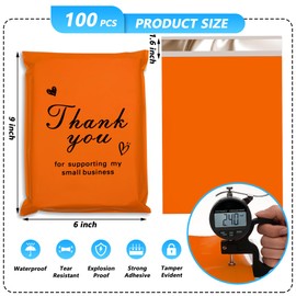 Jowlroel Thank You Poly Mailer 6x9 Inch 100 Pcs, Waterproof and Tear-Resistant Shipping Bags for Clothing, Strong Mailing Bags with Self-Seal, Cute Packaging Bags for Small Business - Orange