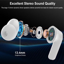 OWMSIC Bluetooth Headphones, Wireless Bluetooth 5.3, HIFL Sound, 4 ENC Microphones, 48 Hours Playtime with LED Display, IPX7 Waterproof Headphones, for iOS/Android, White
