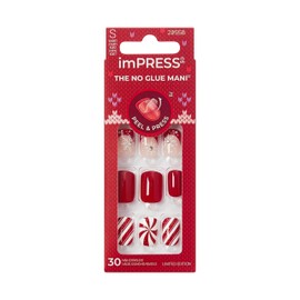 KISS imPRESS Holiday Press On Nails, ‘Santa Baby’, Red, Short Squoval, Improved Super Hold Adhesive, 30 Fake Nails, Prep Pad, Mini Nail File, & Manicure Stick