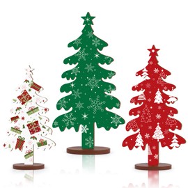 3 Pcs Wooden Christmas Tree Tabletop Signs Decor 3 Sizes Double-Sided Design Christmas Decorations Indoor Table Centerpieces Christmas Tiered Tray Decor for Home Mantel Fireplace Windowsill Party
