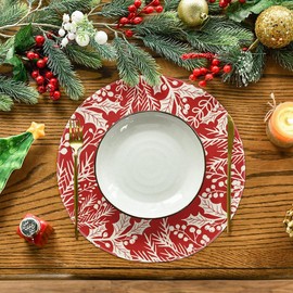 Artoid Mode Eucalyptus Leaves Berry Christmas Placemats Set of 6, 14 Inch Seasonal Winter Xmas Round Table Mats for Dining Decoration