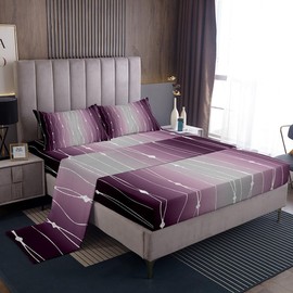 Erosebridal Purple and Grey Watercolor Bed Sheets Set Wave Stripe and Dots King Size Sheet Sets, Geometric Aesthetic Sheets Ombre Gradient Bed Set, Modern Abstract Lines Flat Sheet