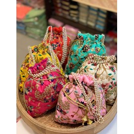 Designer Women Potli Bags - Rajasthan batwa for Wedding and Parties - Indian Ethnic Designer Embroidered Silk Pouch Bag- Handle Purse Clutch Purse for Women - Batwa Pearls Handle Bag, Pack of 10