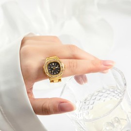 JewelryWe Ring Watch Finger Watch Women's Watches Square Quartz Analogue Adjustable Metal Ring Watch Women Glitter Rhinestone Finger Ring Watch Ring with Black Rectangular Dial, Gold-dark grey,