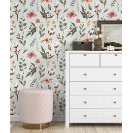 WESTICK Vintage Sage Green Floral Wallpaper Peel and Stick Cotton Floral Contact Paper for Walls Removable Retro Flower Wallpaper for Girls Bedroom Accent Wall Cabinets Dresser Mess Hall 17.5" x 100"
