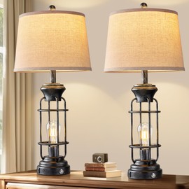 Reaketon 29.3" Table Lamp for Living Room with USB Charging Ports, Tall Table Lamp Set of 2,3-Way Dimmable Lamps for Bedroom, Bedside Lamp for End Tables, Industrial Nighstand Lamps,Bulbs Included