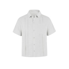 Makkrom Boys Guayabera Short Sleeve Button Down Linen Lapel Casual Camp Beach Shirts White