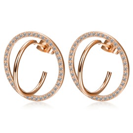 CIUNOFOR Women's Hoop Earrings, Popular, Cubic Zirconia, Crystal, Double Ring, Stainless Steel, 18K Gold RGP, 3 Colors Available (Pink Gold/White) Gift Packaging, Alloy Steel Silver Stainless Steel