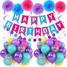 Pink Blue Purple Birthday Decorations for Girls Party Decor with Teal Blue Hot Pink Metallic Purple Banner Balloons Hanging Swirl and Pom Poms Magic Theme