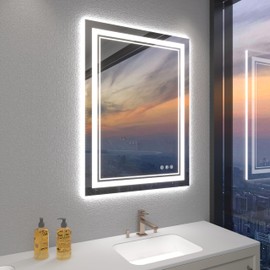 24x32 Inch LED Mirrors for Bathroom, Threefold Brightness 2 Front Lights + 1 Back Lit Mirrors for Bathroom Wall Restroom with Anti-Fog, 3Colors Stepless Adjusted, Safer Tempered Glass, Memory Function