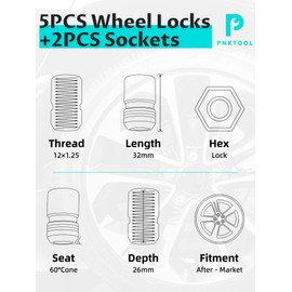M12×1.25 Wheel Locking Nuts, Height 1.27" Cone Seat Replacement for GR86 EX35 EX37 M56-5 Locks and 2 Key,Anti-Theft Tire Lock nut