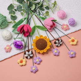 YSHomy Wrapped Crochet Flowers Bouquet with 14 Crochet Flowers, Crochet Sunflower Bouquet, Crochet Sunflower, Rose, Tulip, Gift for Birthday, Anniversary, Get Well Gift, Thanksgiving (Purple Wrapped)