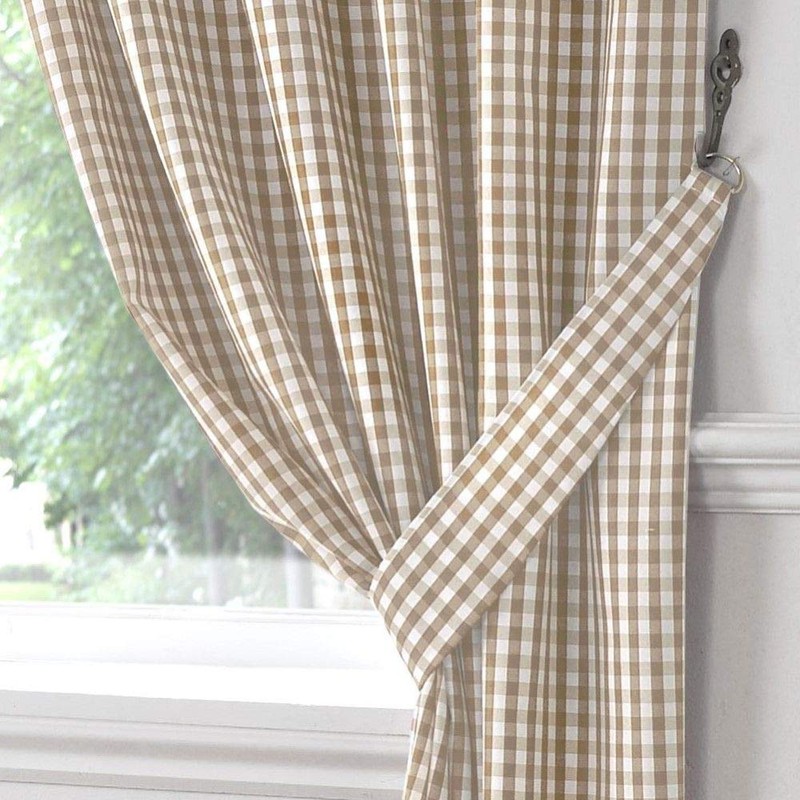 Gingham Check Kitchen Tape Top Curtains - Beige (46" Wide