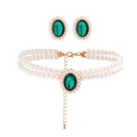 Cubahop Wedding Bride Pearl Green Gemstone Necklace Earring Set Crystal Necklace Party Wedding Jewelry Sets for Women and Girls