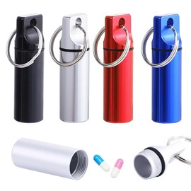 Metal Pill Box Small with Key Ring, Pack of 4 Pill Box Keyrings, Waterproof Metal Pill Box Small for Travel, Camping, Fishing, Storage, 17 x 17 x 60 mm