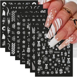 Snowflake Nail Stickers for Nail Art 8 Sheets Christmas Nail Art Stickers Winter Nail Decals Silver Glitter Elk Bells Christmas Nails Design Stickers Xmas Winter Holiday Nail Supplies for Women Girls