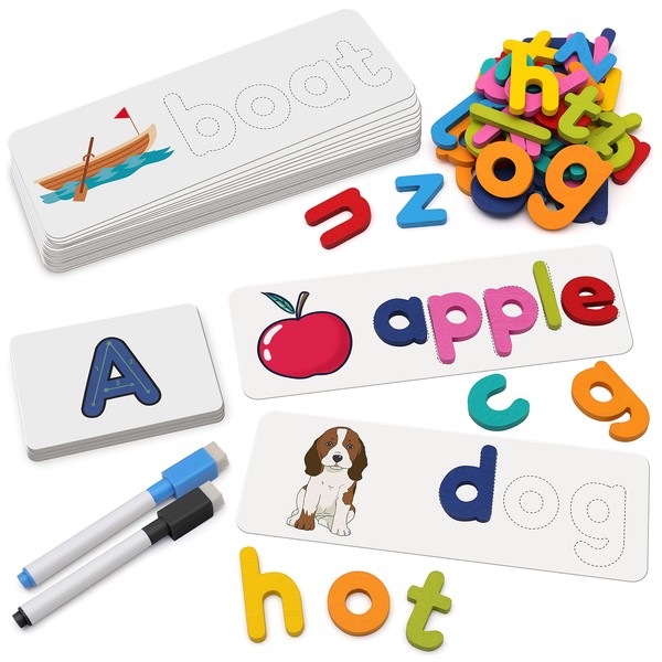 Coogam See Spelling Learning Toy, Matching Flash Cards Letters Wooden Color ABC Alphabet Games Montessori Preschool Early Learning Educational Gift for Year Old Kids(108PCS)
