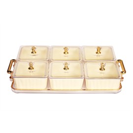 Creativity Home Ceramics Nut Bowls and Plastic Serving Gilded Edge Tray, Party Snacks Platter, Candy Bowl with Plastic Lid Tray, for Parti, Platters, Chip Bowls, Dip, Snacks, Beige 6 Bowl Tray