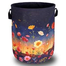 Colorful Flowers At Night Laundry Basket Floral Foldable Funny Laundry Hamper Oxford Cloth Tote Bag Clothes Storage Bucket Toy Organizer 18.9" x 16.5" For Bathroom/Laundry Storage/Bedroom