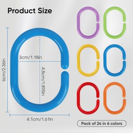 Premium Plastic Shower Curtain Rings Shower Curtain Hooks Gliding on Standard Shower Rods Easy Snap Closure (C-Shape,Rainbow,24Pcs)