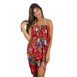 V.H.O. Funky Hawaii Sarong Pareo Cover-Up One Size Unisex Cherry Blossom Parrot Leaves Multiple Colours, red