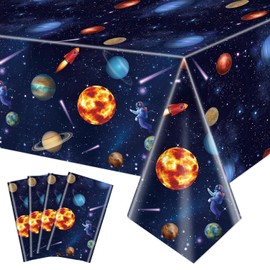 Pack of 4 Outer Space Party Tablecloths, Solar System Tablecloths, 130 x 220 cm, Rectangle Planet Tablecloth for Children, Room Theme, Birthday Party Decorations, Space Stars, Galaxy Theme Party
