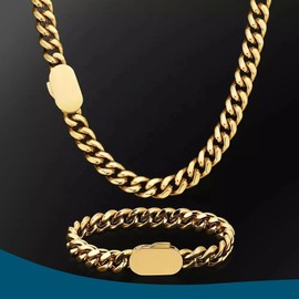 10mm Wide 18K Gold Plated Stainless Steel Hip-hop Cuban Link Chain Mens Necklace Or Bracelet Length 7.5-30 inch Optional(Necklace, 24")