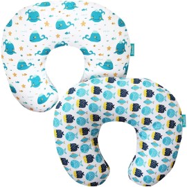 Biloban Nursing Pillow Cover Breastfeeding for Boppy Pillow Safely with Zipper 2 Pack - Whale & Fish