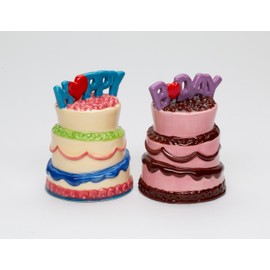 Fine Ceramic Happy Birthday Cakes Salt & Pepper Shakers Set, 3-1/4" H