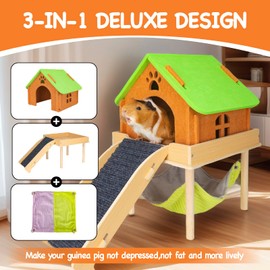 BESNEW 3 in 1 Enlarged Guinea Pig Hammock with House & Platform,Wooden Guinea Pig Hideout with Hammock & Stairs Small Animal Toys for Hiding Sleeping Activities