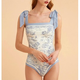 WEIMEY Trajes de Baño Mujer Completo Bañadores Sexy con Control de Barriga Reversibles con Corbata Hombro Estampado Vintage para Playa Surf Nadar