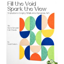 PebblingQ Felt Bulletin Board Wall Tiles, Modular Geometric Shapes with Safe Removable Adhesive Dots for Customizable DIY, Office Decor, Stylish Home & Kids Room, 11.8"x5.9" Semi-Circle 18 Pack