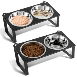 2 Set Elevated Cat Food Water Bowls, 4 Stainless Steel Bowls for Indoor Pet with Cute Metal Stand, 10° Tilted Anti-Vomiting Wide Shallow Raised Cat Dishes Whisker Friendly for Multiple Kitten,Puppy