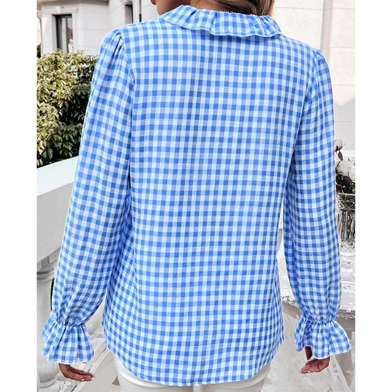 MINTLIMIT Womens Plaid Blouse Peasant Button Down Ruffle Neck Plaid