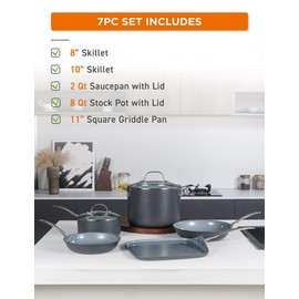 COMMERCIAL CHEF 7-Piece ECOPAN Hard Anodized Aluminum Cookware Set, Ceramic Non-Stick Non-Toxic Pots and Pans Set with Lids, Induction Kitchen Cooking Set, Oven & Dishwasher Safe, PFOA & PTFE Free