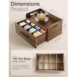 Tinamo Acacia Wooden Tea Box Organizer with Drawer – Tea Chest for Tea Bags Storage – Tea and Coffee Organizer - Wooden Tea Tray and Containers for Countertop Display (Walnut)